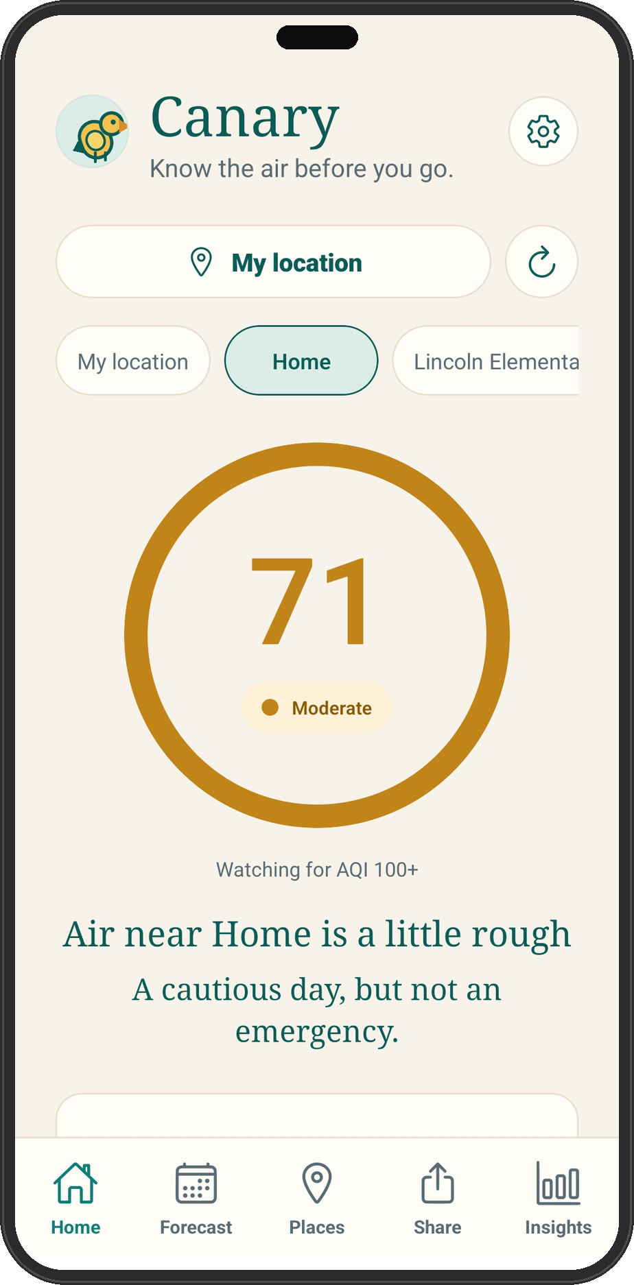 Canary home screen showing the current air quality near home