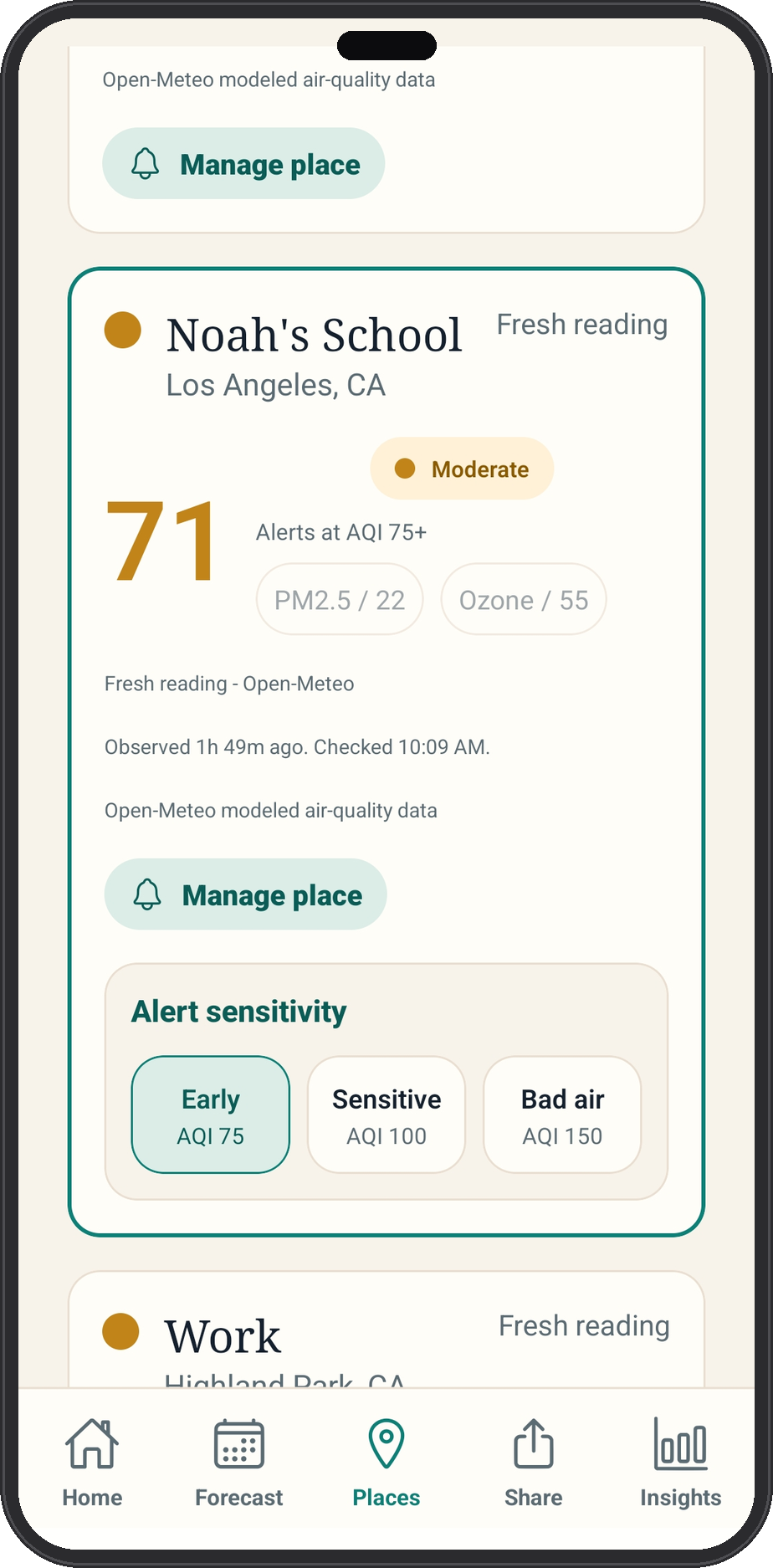 Canary places screen showing school and work air readings